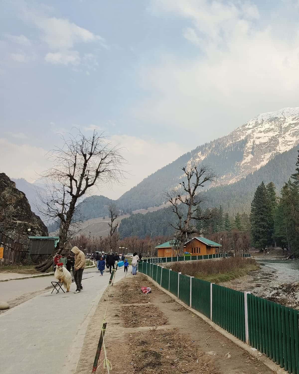 Walking path beside the Lidder river in Betaab Valley, Pahalgam, below a snow peak