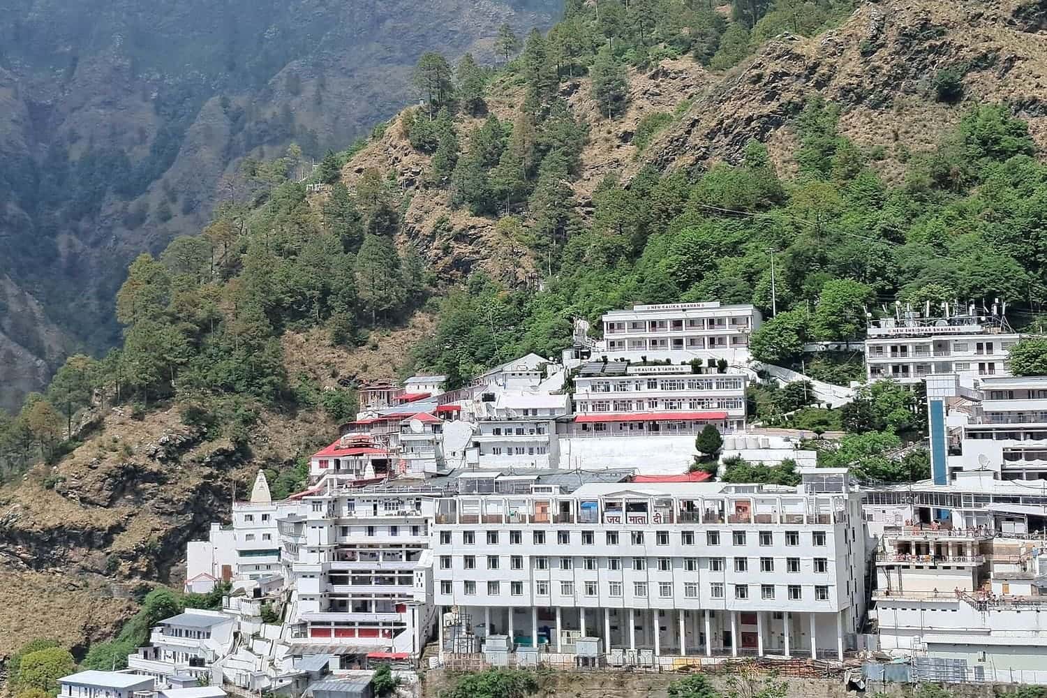 Vaishno Devi Bhawan buildings on the forested Trikuta hillside above Katra