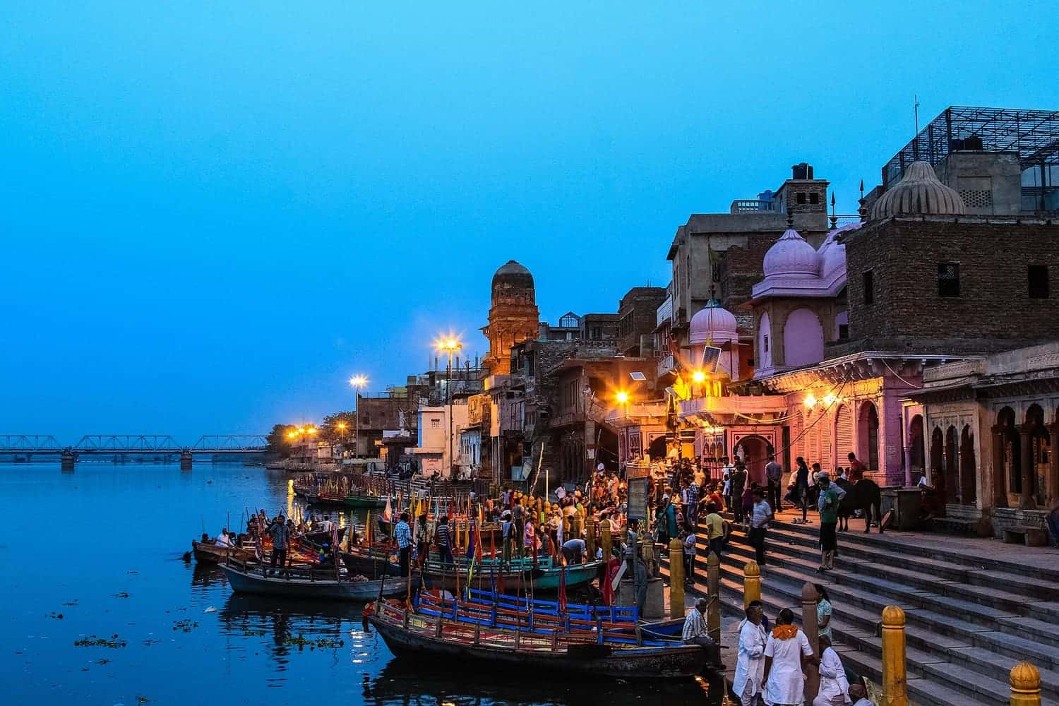 Evening lights at Vishram Ghat on the Yamuna in Mathura